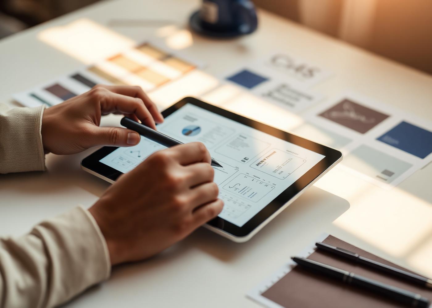 Designer sketching UI wireframes on a tablet with color swatches