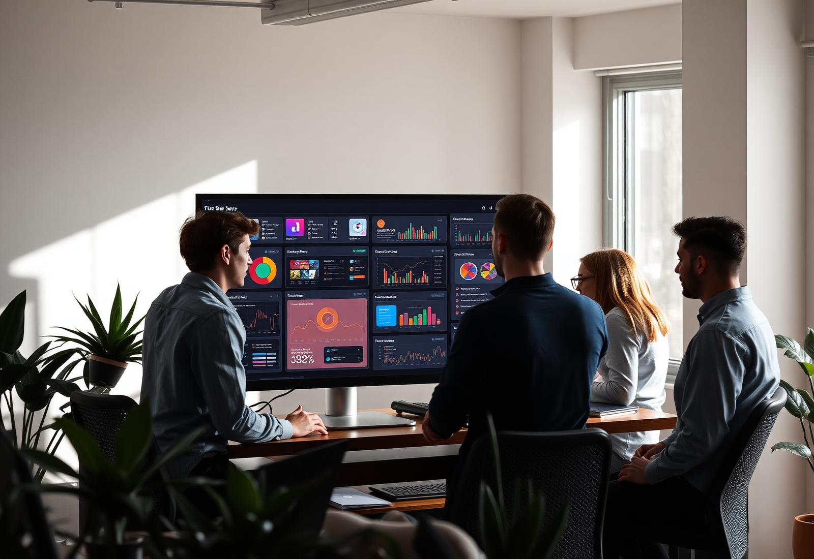 Neon Orbit Digital team collaborating on UI dashboards in a modern studio